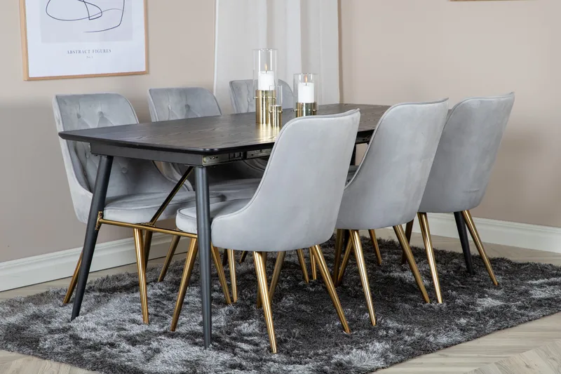 Irunea forlengbar spisegruppe 180 cm inkl. 6 Valera Lyx stoler - Svart/Grå/Messing - Møbler - Bord - Spisegruppe