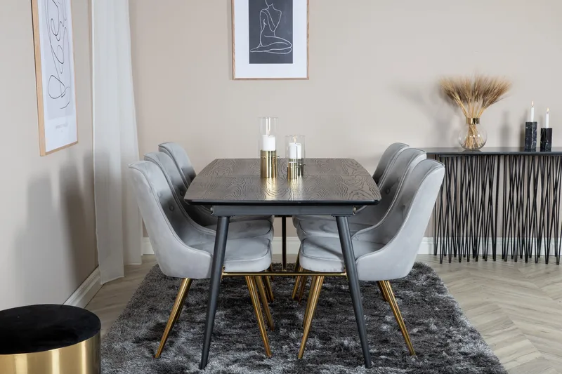 Irunea forlengbar spisegruppe 180 cm inkl. 6 Valera Lyx stoler - Svart/Grå/Messing - Møbler - Bord - Spisegruppe