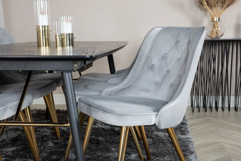 Irunea forlengbar spisegruppe 180 cm inkl. 6 Valera Lyx stoler - Svart/Grå/Messing - Møbler - Bord - Spisegruppe