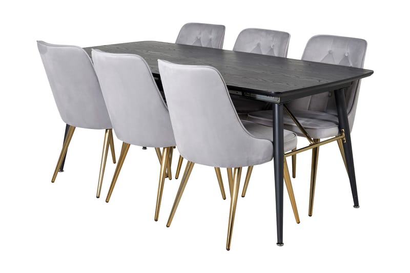 Irunea forlengbar spisegruppe 180 cm inkl. 6 Valera Lyx stoler, Svart/Grå/Messing