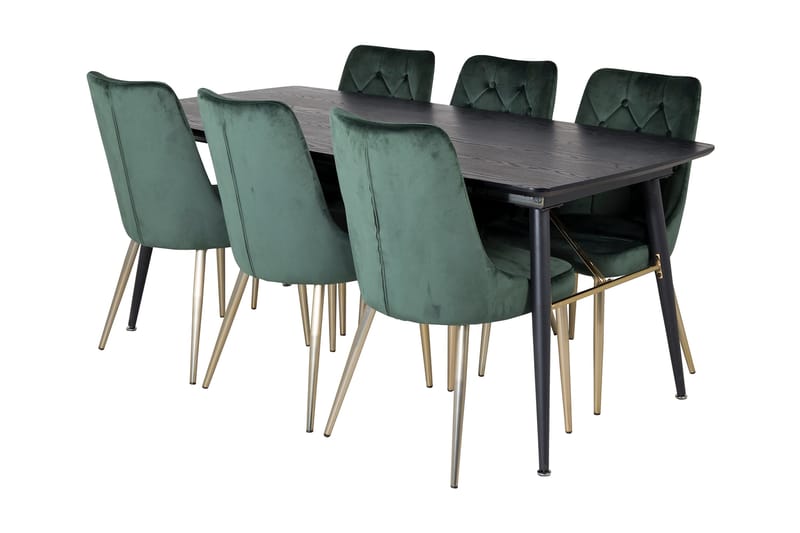 Irunea uttrekkbar spisegruppe 180 cm inkl. 6 Valerie Luksus stoler, Svart/Mørkegrønn/Gull