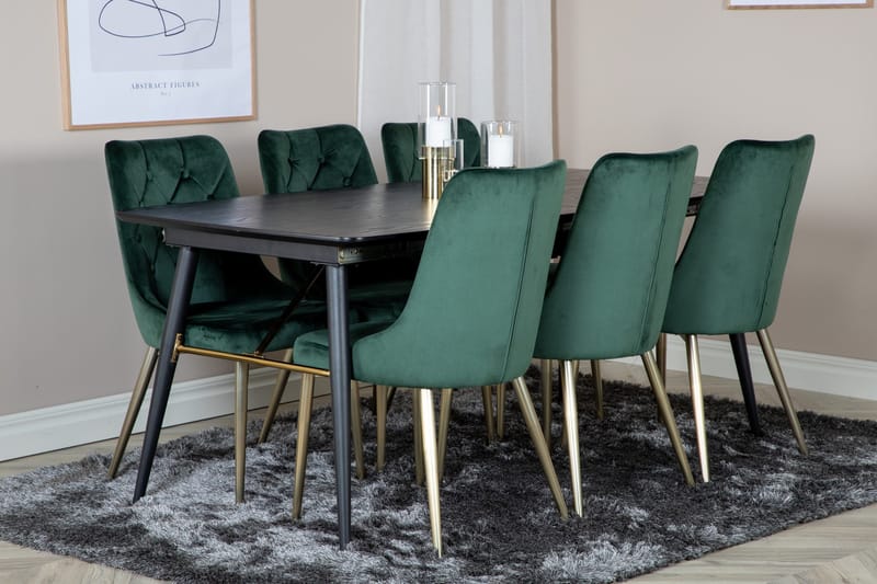 Irunea uttrekkbar spisegruppe 180 cm inkl. 6 Valerie Luksus stoler - Svart/Mørkegrønn/Gull - Møbler - Bord - Spisegruppe