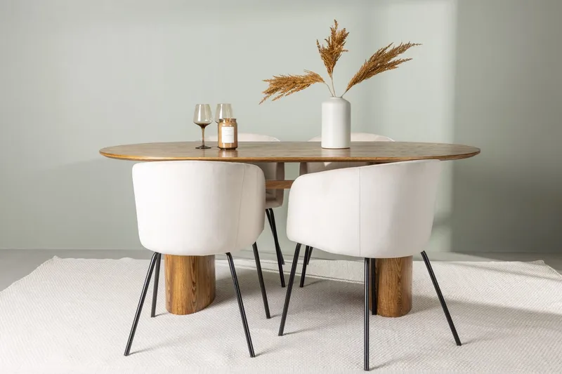 Isolde spisebord 180x90 cm med 4 Berit armstoler i fløyel med armlener