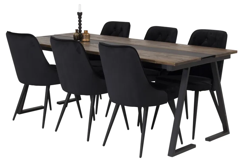Jakarta Spisegruppe 200 cm Rektangulær med 6 Velvet Stoler, Sort