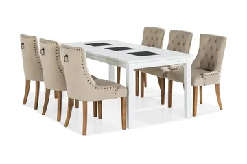 Jasmin Spisegruppe Hvit med 6 Viktoria Stoler - Beige/Vintageben - Møbler - Bord - Spisegruppe
