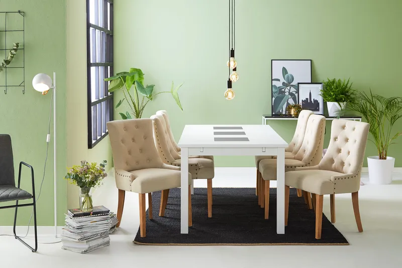 Jasmin Spisegruppe Hvit med 6 Viktoria Stoler - Beige/Vintageben - Møbler - Bord - Spisegruppe