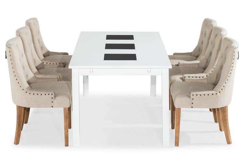 Jasmin Spisegruppe Hvit med 6 Viktoria Stoler - Beige/Vintageben - Møbler - Bord - Spisegruppe