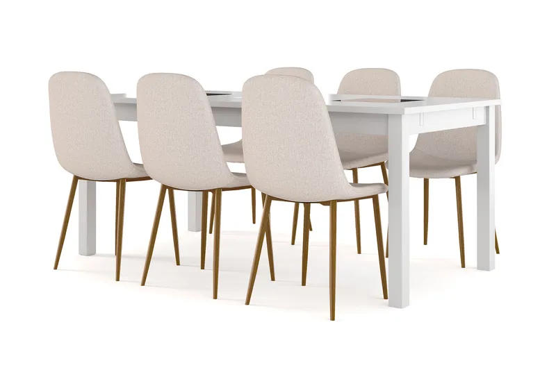 Jasmin Uttrekkbart Spisebord 180 cm + 6 stk Nibe stol beige med eikeben, Hvit/Beige
