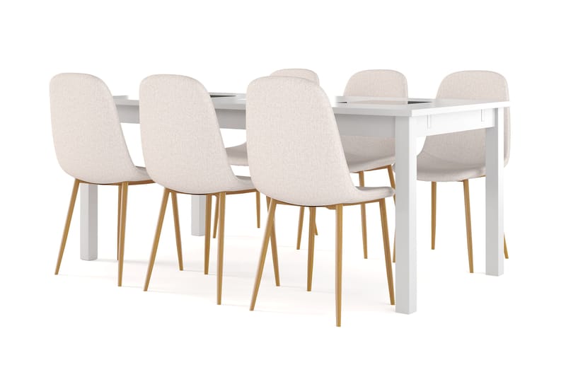 Jasmin Uttrekkbart Spisebord 180 cm + 6 stk Nibe stol beige med eikeben - Hvit/Beige - Møbler - Bord - Spisegruppe