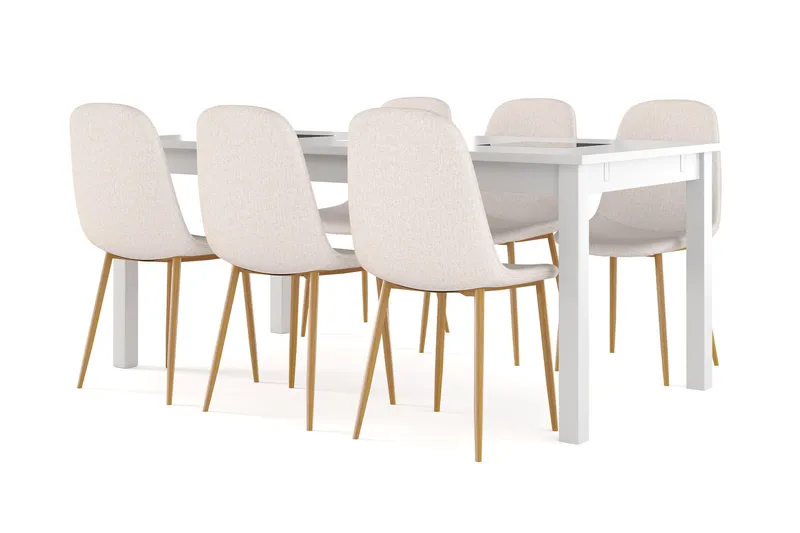 Jasmin Uttrekkbart Spisebord 180 cm + 6 stk Nibe stol beige med eikeben - Hvit/Beige - Møbler - Bord - Spisegruppe