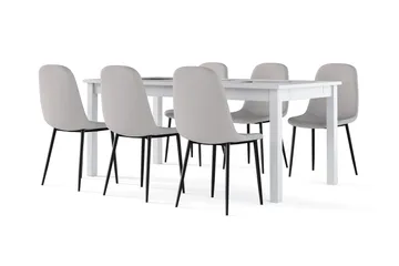 Jasmin Uttrekkbart Spisebord 180 cm + 6 stk Nibe stol grå med svarte ben - Hvit/Grå - Møbler - Bord - Spisegruppe