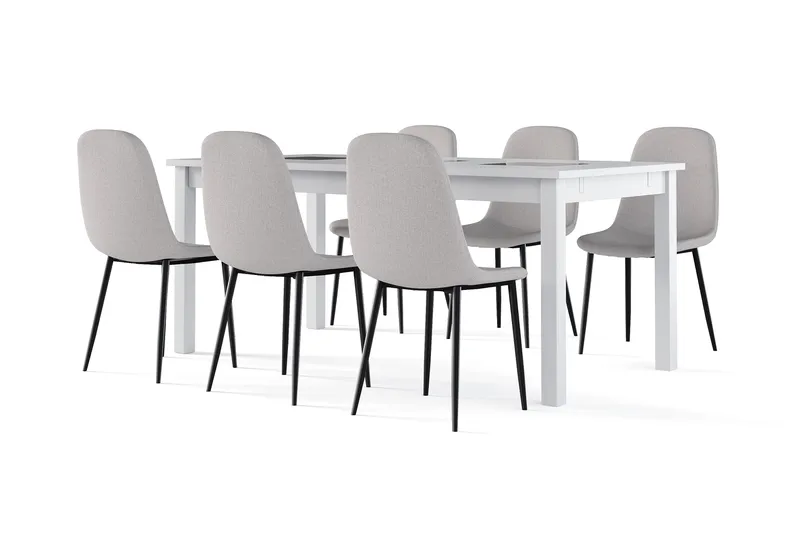 Jasmin Uttrekkbart Spisebord 180 cm + 6 stk Nibe stol grå med svarte ben, Hvit/Grå