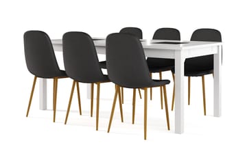 Jasmin Uttrekkbart Spisebord 180 cm + 6 stk Nibe stol svart med eikeben - Hvit/Svart - Møbler - Bord - Spisegruppe