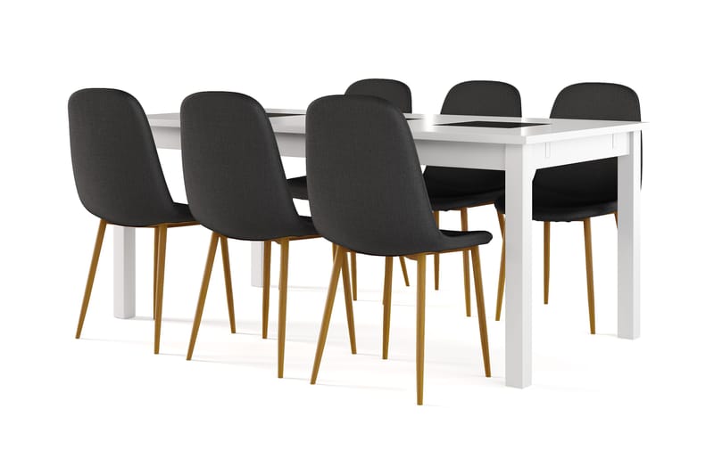 Jasmin Uttrekkbart Spisebord 180 cm + 6 stk Nibe stol svart med eikeben, Hvit/Svart