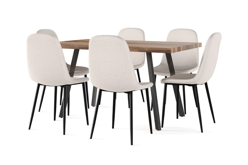 Jasmin Uttrekkbart Spisebord 180 cm + 6 stk Nibe stol beige med svarte ben - Hvit/Beige - Møbler - Bord - Spisegruppe