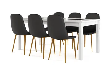 Jasmin Uttrekkbart Spisebord 180 cm + 6 stk Nibe stol svart med eikeben - Hvit/Svart - Møbler - Bord - Spisegruppe
