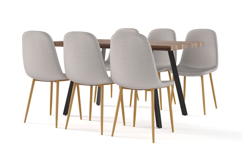 Jaunita Spisebord Uttrekkbart med ileggsplate + 6 stk Naira stol grå med eikeben, Brun/Grå