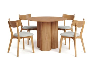 Juno spisegruppe 110 cm rund i eik med 4 Amelia spisestoler med pute - Eik/Beige - Møbler - Bord - Spisegruppe