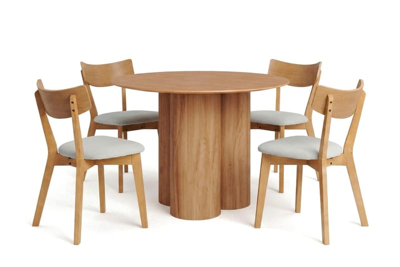Juno spisegruppe 110 cm rund i eik med 4 Amelia spisestoler med pute - Eik/Beige - Møbler - Bord - Spisegruppe