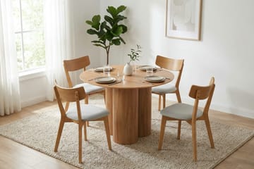 Juno spisegruppe 110 cm rund i eik med 4 Amelia spisestoler med pute - Eik/Beige - Møbler - Bord - Spisegruppe