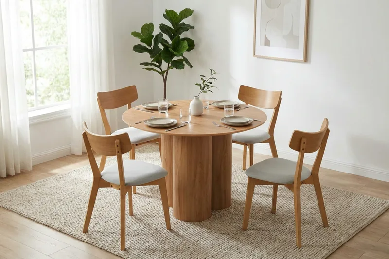 Juno spisegruppe 110 cm rund i eik med 4 Amelia spisestoler med pute - Eik/Beige - Møbler - Bord - Spisegruppe