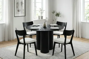 Juno spisegruppe 110 cm rund i svart med 4 Amelia spisestoler med pute - Svart/Beige - Møbler - Bord - Spisegruppe