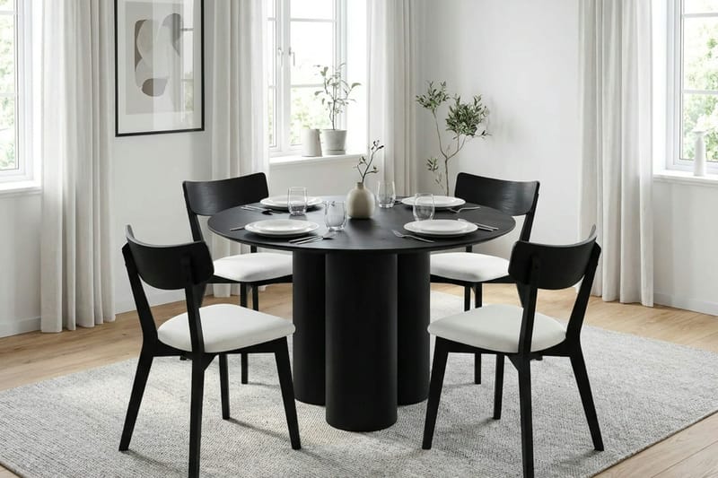 Juno spisegruppe 110 cm rund i svart med 4 Amelia spisestoler med pute - Svart/Beige - Møbler - Bord - Spisegruppe