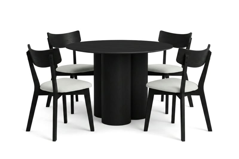 Juno spisegruppe 110 cm rund i svart med 4 Amelia spisestoler med pute, Svart/Beige