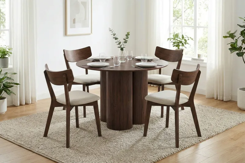 Juno spisegruppe 110 cm rund i valnøtt med 4 Amelia spisestoler med pute - Valnøtt/Beige - Møbler - Bord - Spisegruppe