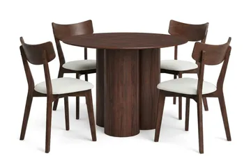 Juno spisegruppe 110 cm rund i valnøtt med 4 Amelia spisestoler med pute - Valnøtt/Beige - Møbler - Bord - Spisegruppe