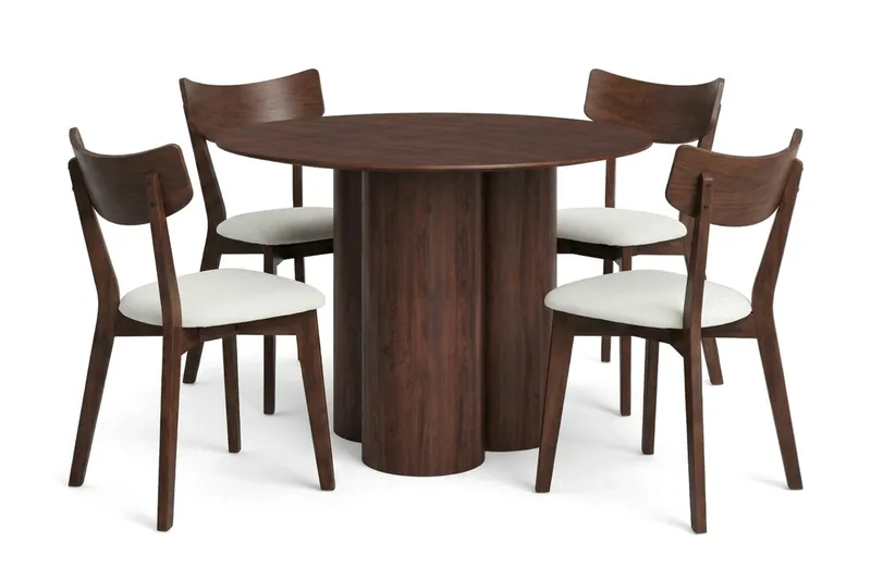 Juno spisegruppe 110 cm rund i valnøtt med 4 Amelia spisestoler med pute - Valnøtt/Beige - Møbler - Bord - Spisegruppe