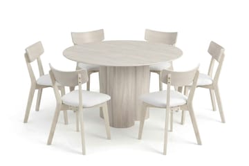 Juno spisegruppe 130 cm rund hvitlasert med 6 Ameli spisestoler med pute - Hvitlasert/Beige - Møbler - Bord - Spisegruppe