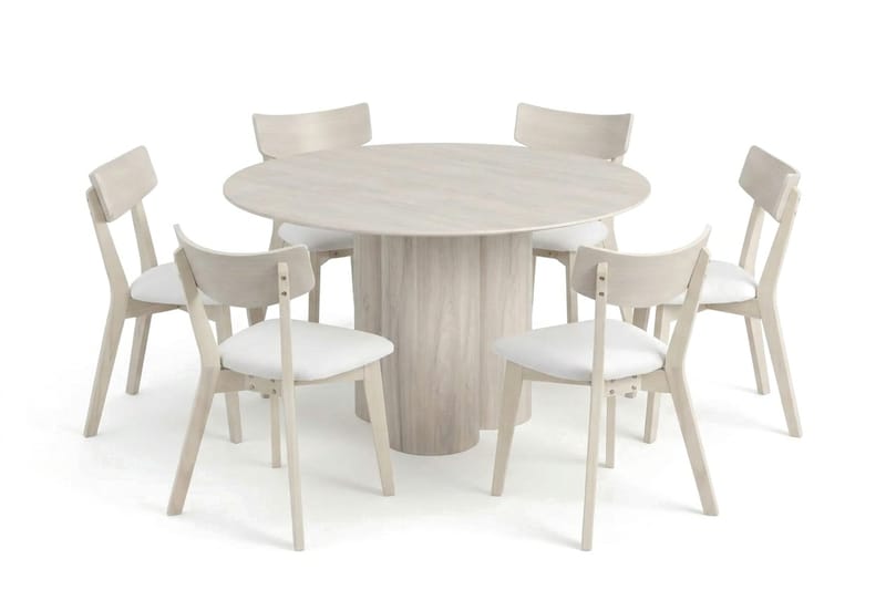 Juno spisegruppe 130 cm rund hvitlasert med 6 Ameli spisestoler med pute - Hvitlasert/Beige - Møbler - Bord - Spisegruppe