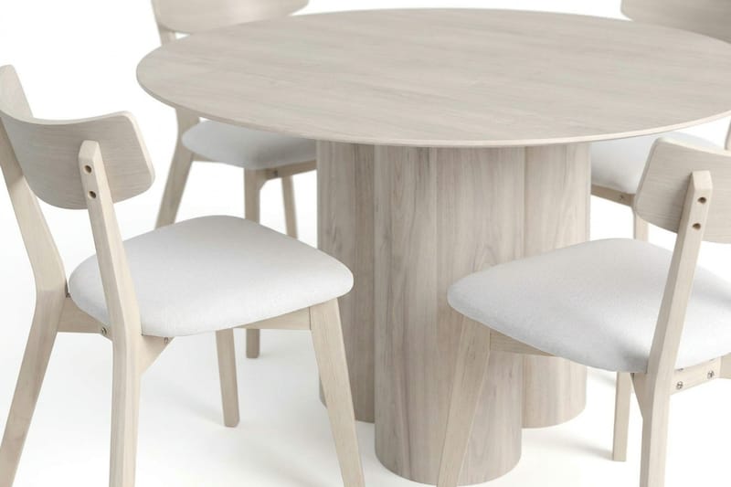 Juno spisegruppe 130 cm rund hvitlasert med 6 Ameli spisestoler med pute - Hvitlasert/Beige - Møbler - Bord - Spisegruppe