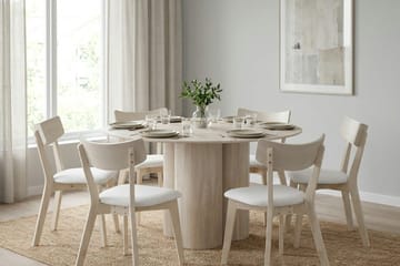 Juno spisegruppe 130 cm rund hvitlasert med 6 Ameli spisestoler med pute - Hvitlasert/Beige - Møbler - Bord - Spisegruppe