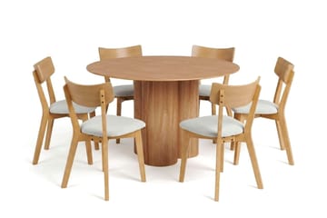 Juno spisegruppe 130 cm rund i eik med 6 Amelia spisestoler med sittepute - Eik/Beige - Møbler - Bord - Spisegruppe
