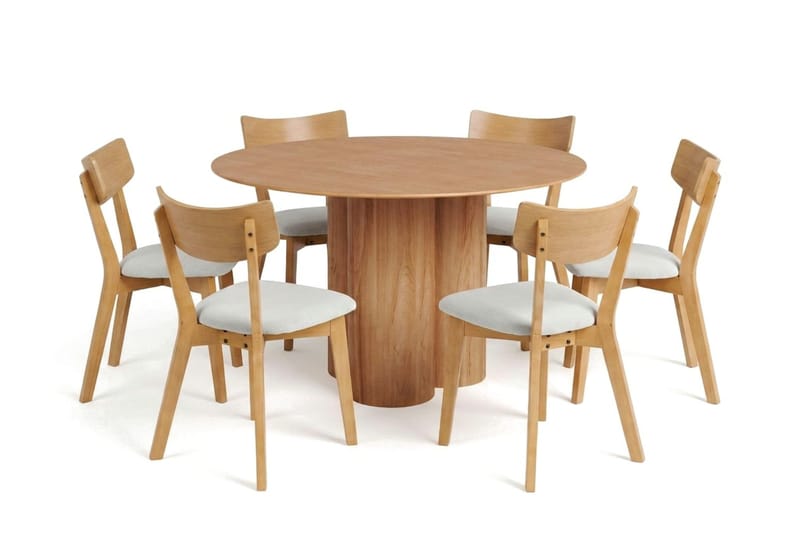 Juno spisegruppe 130 cm rund i eik med 6 Amelia spisestoler med sittepute - Eik/Beige - Møbler - Bord - Spisegruppe