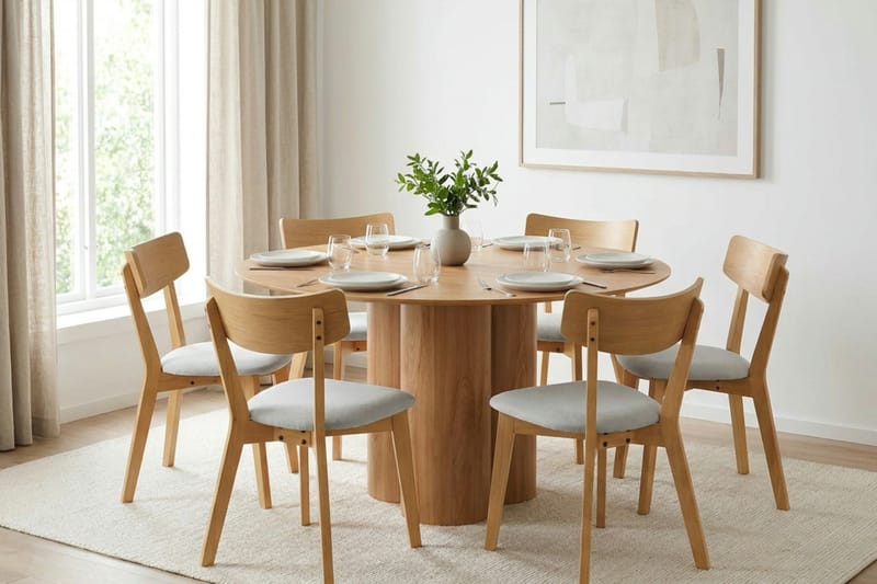 Juno spisegruppe 130 cm rund i eik med 6 Amelia spisestoler med sittepute - Eik/Beige - Møbler - Bord - Spisegruppe