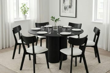 Juno spisegruppe 130 cm rund i svart med 6 Amelia spisestoler med pute - Svart/Beige - Møbler - Bord - Spisegruppe