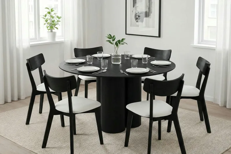 Juno spisegruppe 130 cm rund i svart med 6 Amelia spisestoler med pute - Svart/Beige - Møbler - Bord - Spisegruppe