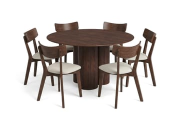 Juno spisegruppe 130 cm rund i valnøtt med 6 Amelia spisestoler med pute - Valnøtt/Beige - Møbler - Bord - Spisegruppe