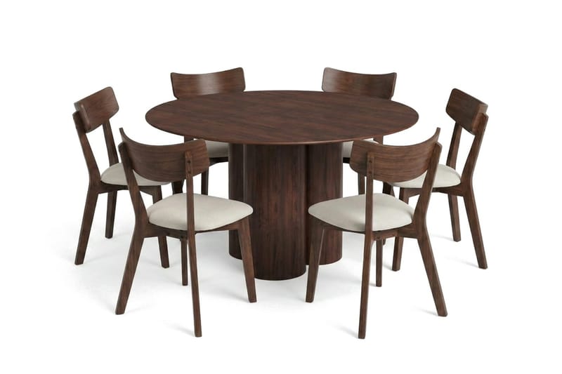 Juno spisegruppe 130 cm rund i valnøtt med 6 Amelia spisestoler med pute - Valnøtt/Beige - Møbler - Bord - Spisegruppe