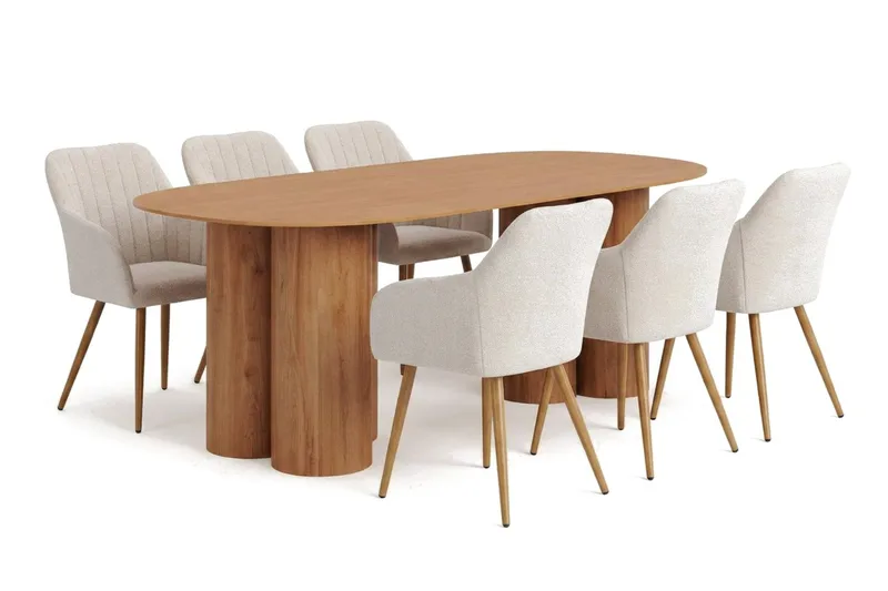 Juno spisegruppe rektangulær 220 cm eik med 6 Filippa spisestoler, Eik