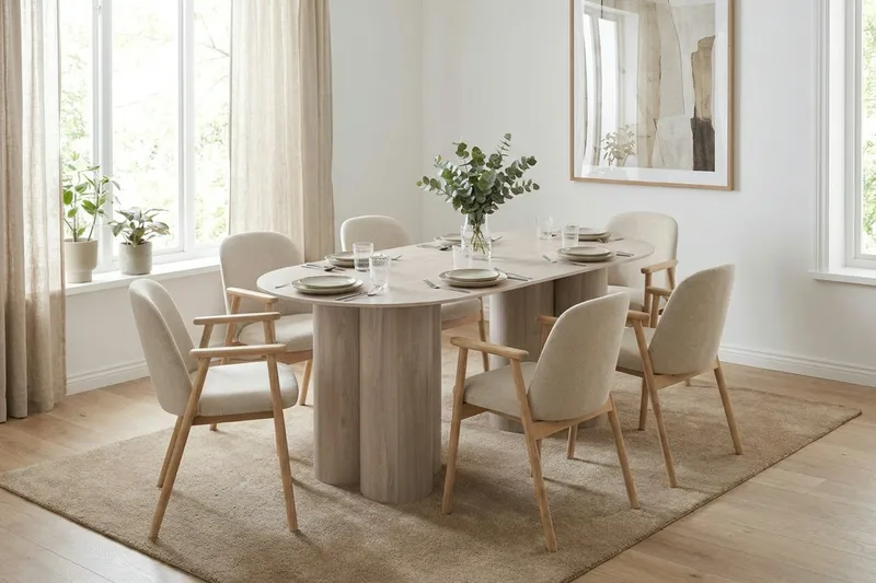 Juno Spisegruppe rektangulært 220 cm Hvitlasert med 6 Reciclar Spisestoler - Hvitlasert eik - Møbler - Bord - Spisegruppe