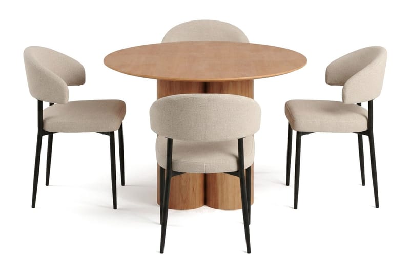 Juno spisegruppe rund 110 cm eik med 4 Sawako spisestoler, Eik