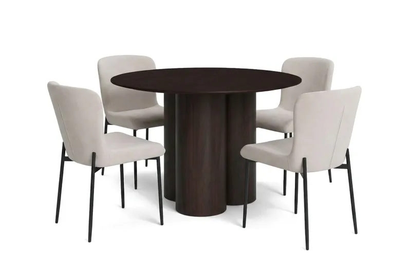 Juno spisegruppe rund 110 cm røkt eik med 4 Elsie spisestoler, Røkt eik/Beige