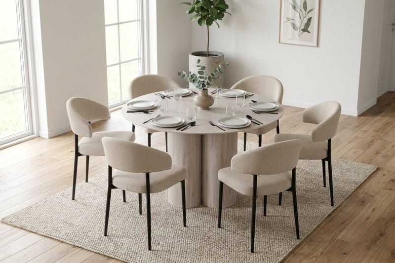 Juno spisegruppe rund 130 cm hvitlasert med 6 Sawako spisestoler - Hvitlasert - Møbler - Bord - Spisegruppe