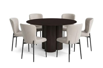 Juno spisegruppe rund 130 cm røkt eik med 6 Elsie spisestoler - Røkt eik/Beige - Møbler - Bord - Spisegruppe