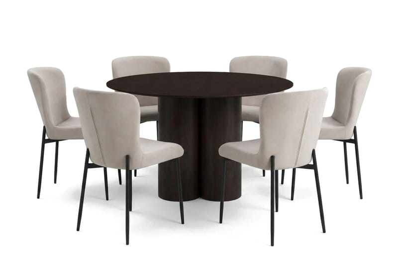 Juno spisegruppe rund 130 cm røkt eik med 6 Elsie spisestoler, Røkt eik/Beige