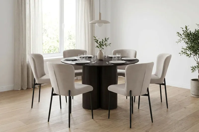 Juno spisegruppe rund 130 cm røkt eik med 6 Elsie spisestoler - Røkt eik/Beige - Møbler - Bord - Spisegruppe